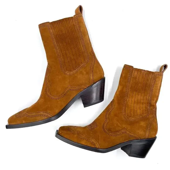 Loeffler Randall Agnes Western Boots Brown Suede Square Toe Block Heel Sz 9 - Picture 5 of 8